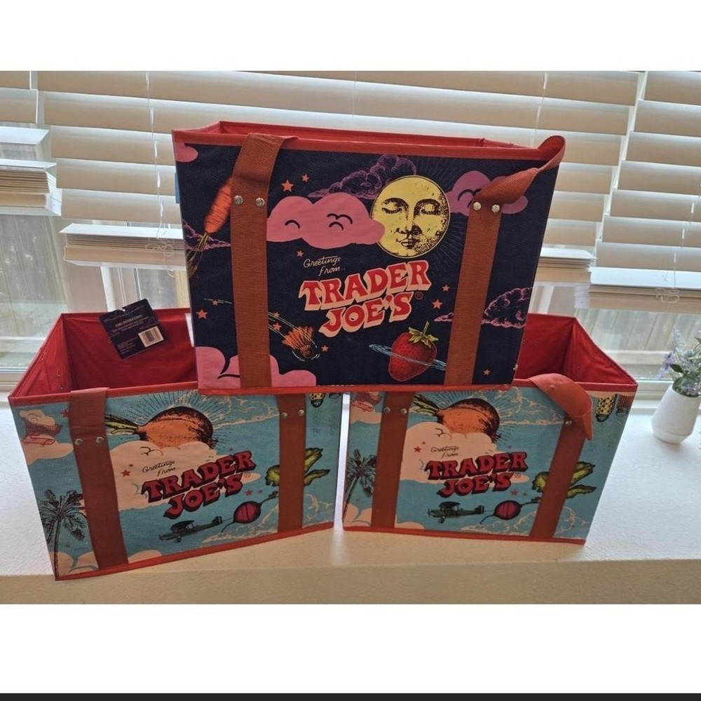 Trader Joe's Reusable Grocery Bags Set of 3 Multi Color Totes Whimsical Print